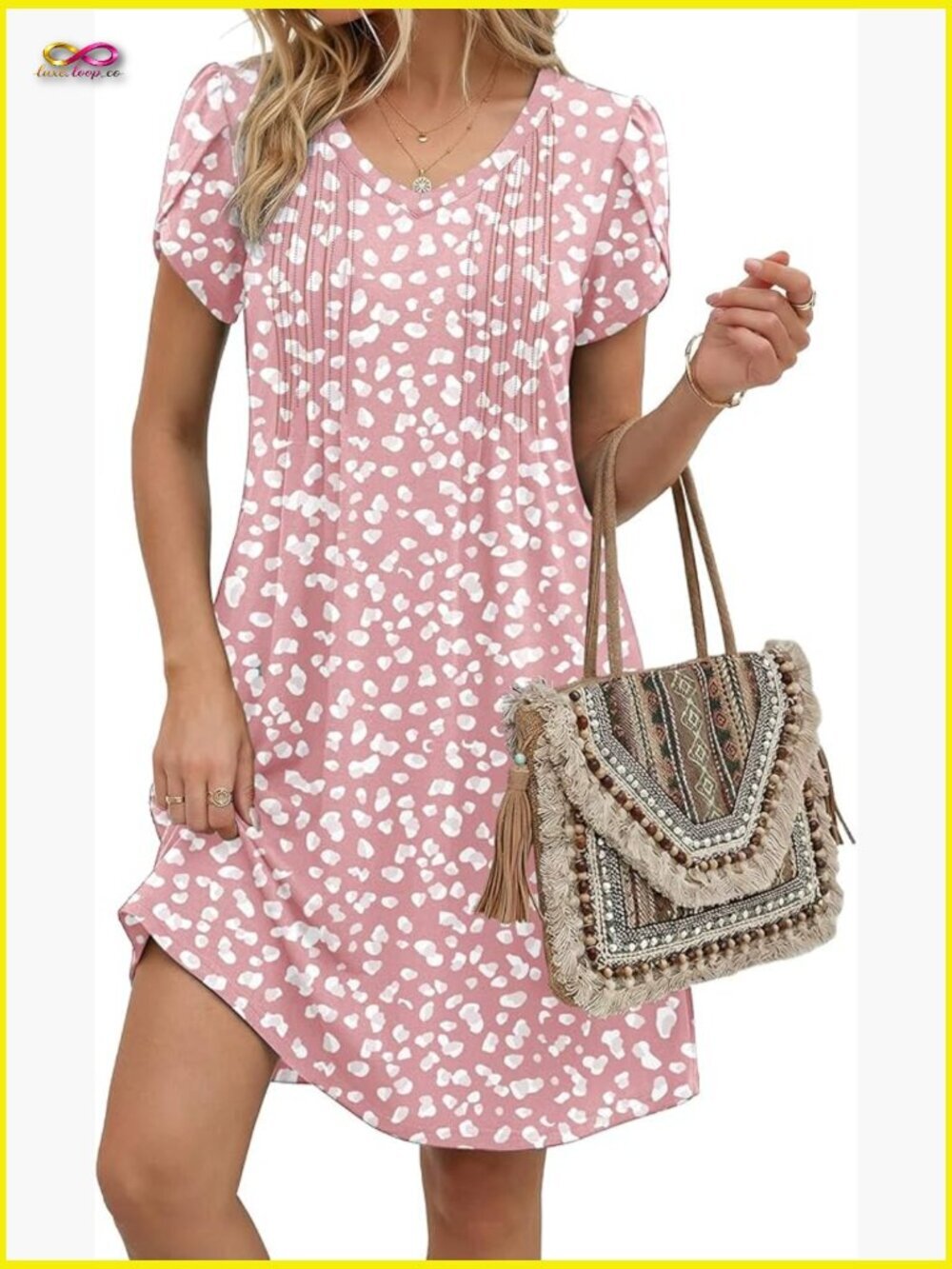 V Neck Pleated A Line Dress Floral Boho Sundress Casual Summer Dresses for Women